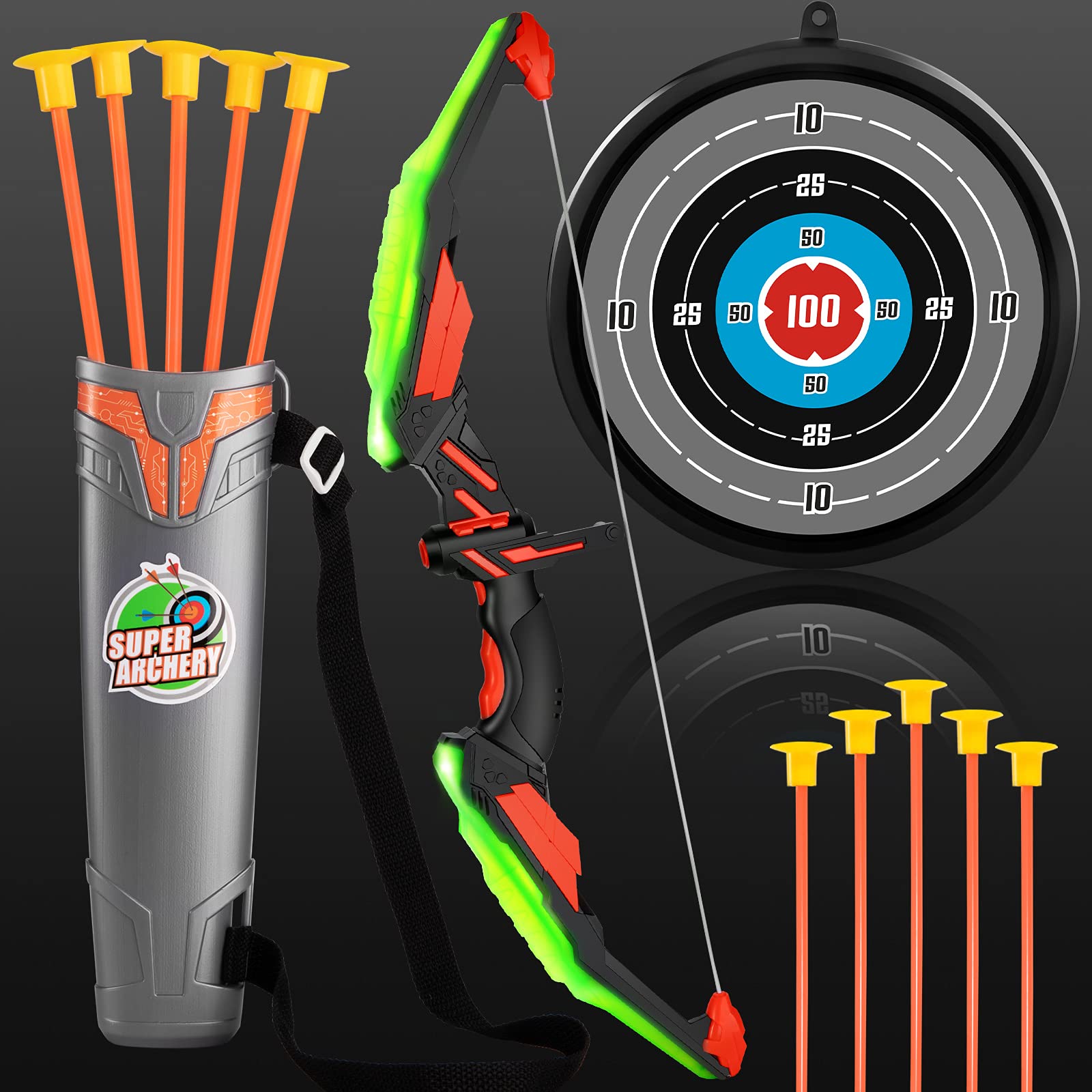 TMEI Bow and Arrow Set for Kids - Archery Toy Set - LED Light Up with 10 Suction Cup Arrows, Target & Quiver, Indoor and Outdoor Toys for Children Boys Girls