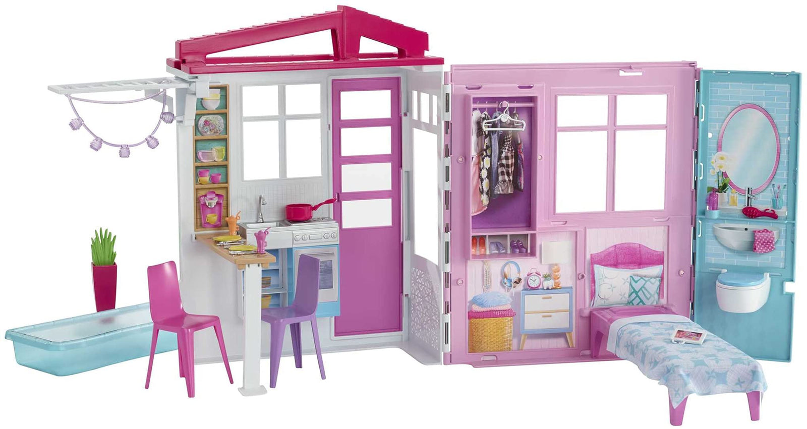 Mattel Barbie Dollhouse, Portable 1-Story Playset with Pool and Accessories, for 3 to 7 Year Olds