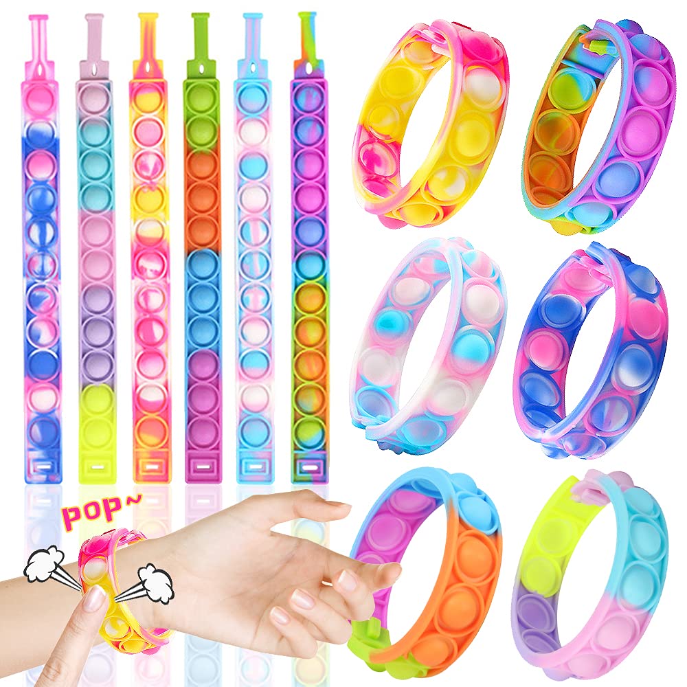 Push Pop Bubble Bracelet Fidget Toy, Wearable Wristband Fidget Sensory Toys, Hand Finger Press Silicone Bracelet Toy,Stress Relief Anti-Anxiety Tools for Autism Kids and Adults (Rainbow 6pcs)