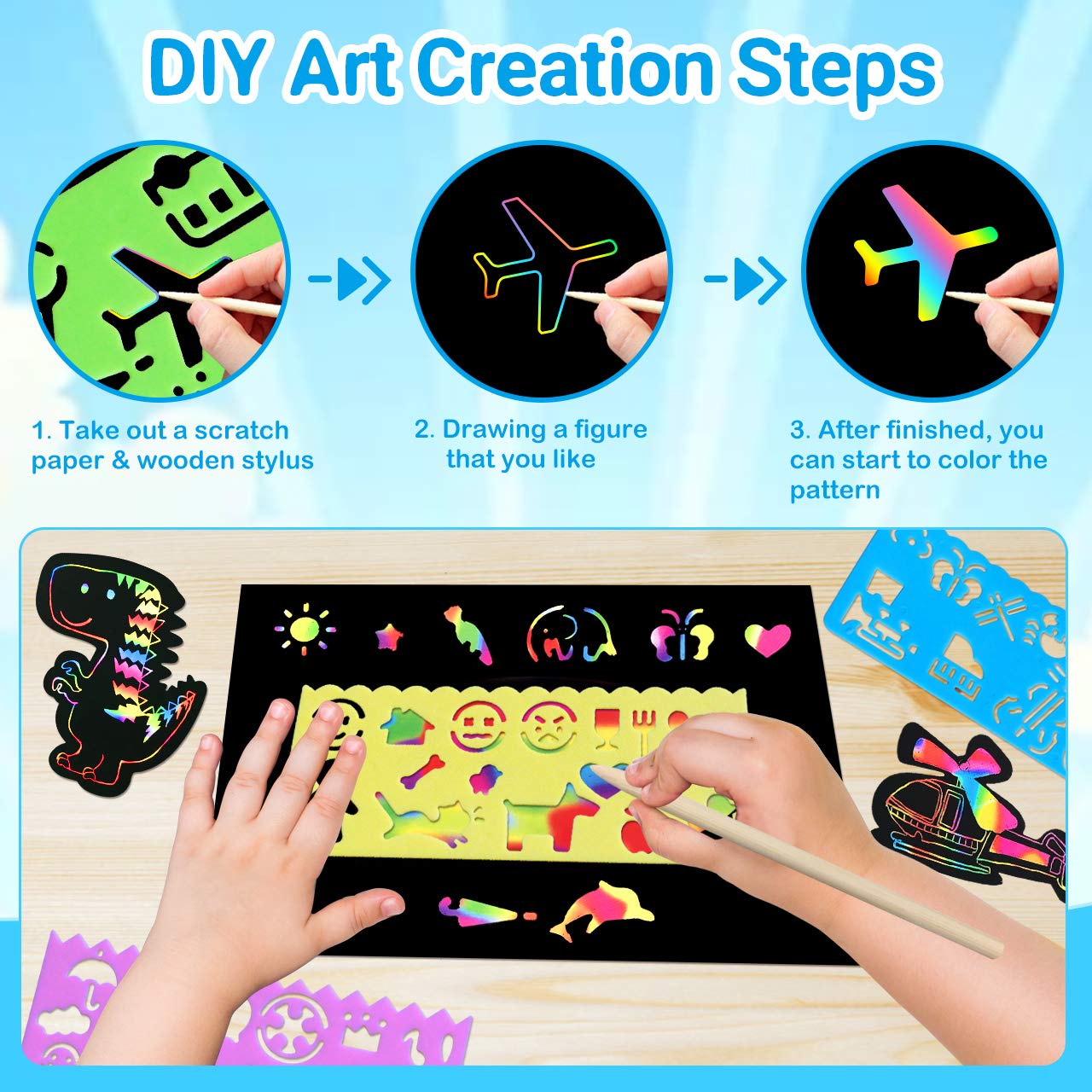 RMJOY Art-Craft Scratch Paper for Kids: Magic Rainbow Drawing Art Pads Leaning Supplies Kits for Kids Teen 4-12 Years Old Preschool Boys Toy Game Gift for Birthday Party Favor|Coloring Fun|DIY Project