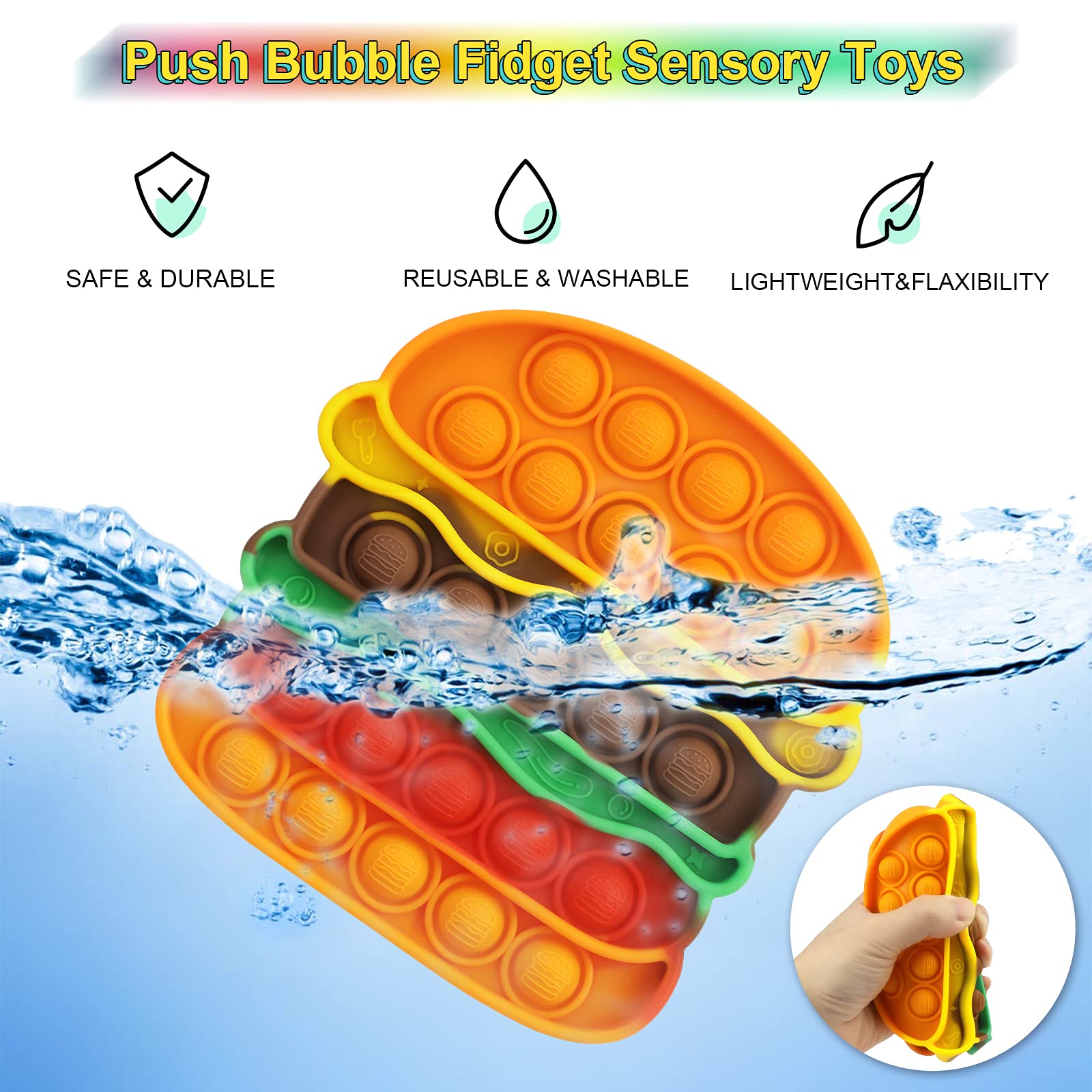 Aemotoy 3PCS Push Bubble Fidget Sensory Toys for Kids Adults Silicone Pop Rainbow Hamburger Squeeze Toy Stress Anxiety Relief Toys Novelty Gift for Autism ADD ADHD,Colorful Hamburger+Fries+Cup