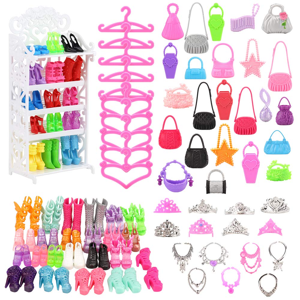 BARWA Fashion Closet Wardrobe 107 Pcs Doll Accessories 16 Pack Doll Clothes 1 Shoes Rack 84 Pcs Different Shoes Hanger Crown Necklace Glasses Doll Accessories Xmas Gift