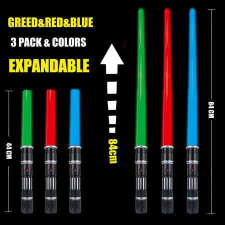 3 pack 3 colors Light Up Saber with FX Sound(Motion Sensitive) and Realistic Handle for Kid, Expandable Light Swords Set for Halloween Dress Up Parties, Xmas Present, Galaxy War Fighters and Warriors