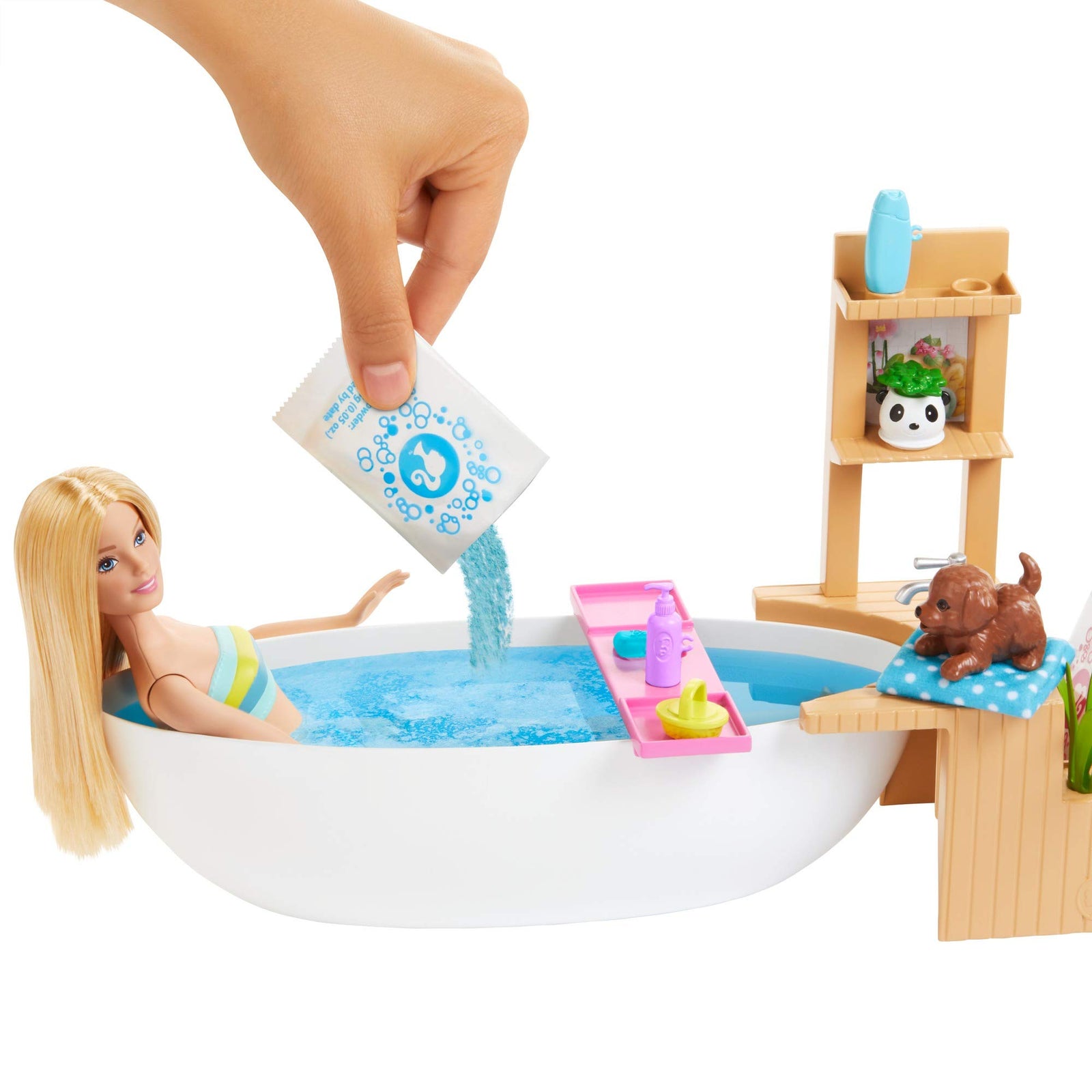 Barbie Fizzy Bath Doll & Playset, Blonde, with Tub, Fizzy Powder, Puppy & More, Gift for Kids 3 to 7 Years Old