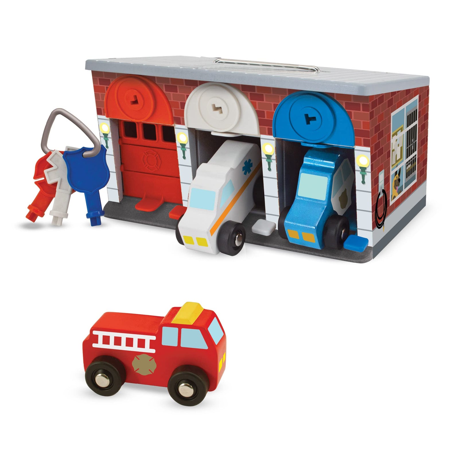 Melissa & Doug Toy Keys and Cars Wooden Rescue Vehicles and Garage (7 pcs) Red