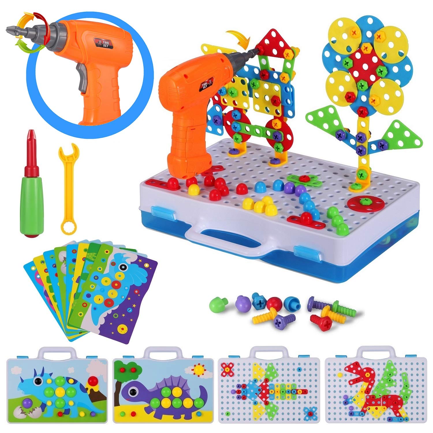 224 Piece STEM Building Toys for Kids 4 5 6 7 8 Year Old, Trendy Bits Drill Puzzle with Screwdriver Tool Set, Mosaic Drill Set for Boys and Girls Ages 4-8