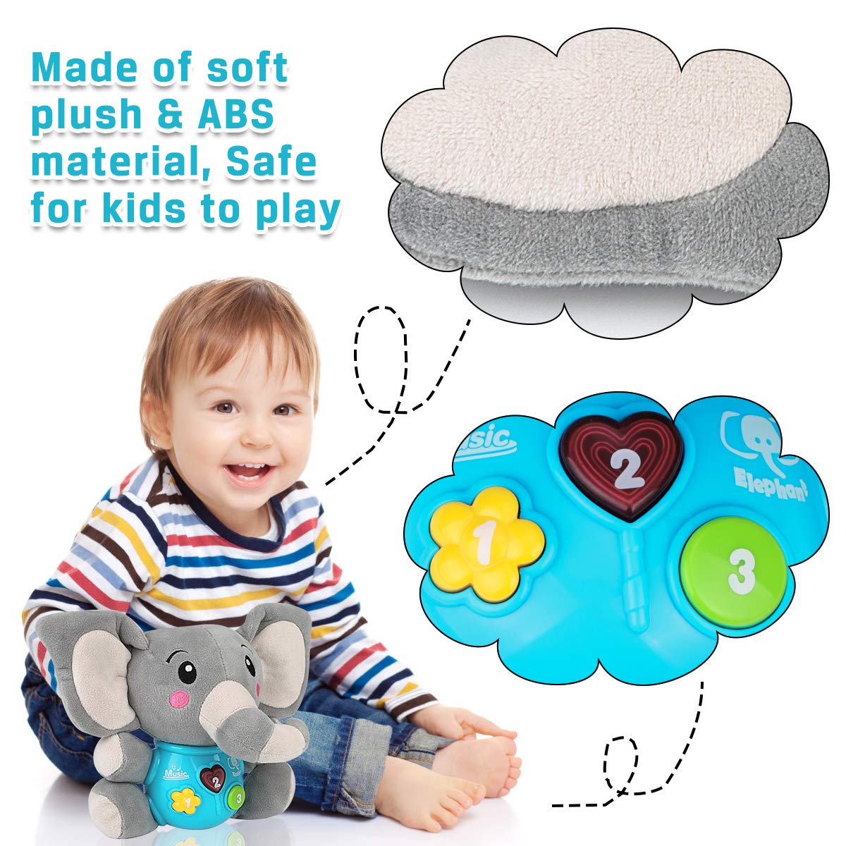 Aitbay Plush Elephant Music Baby Toys 0 3 6 9 12 Months, Cute Stuffed Aminal Light Up Baby Toys Newborn Baby Musical Toys for Infant Babies Boys & Girls Toddlers 0 to 36 Months