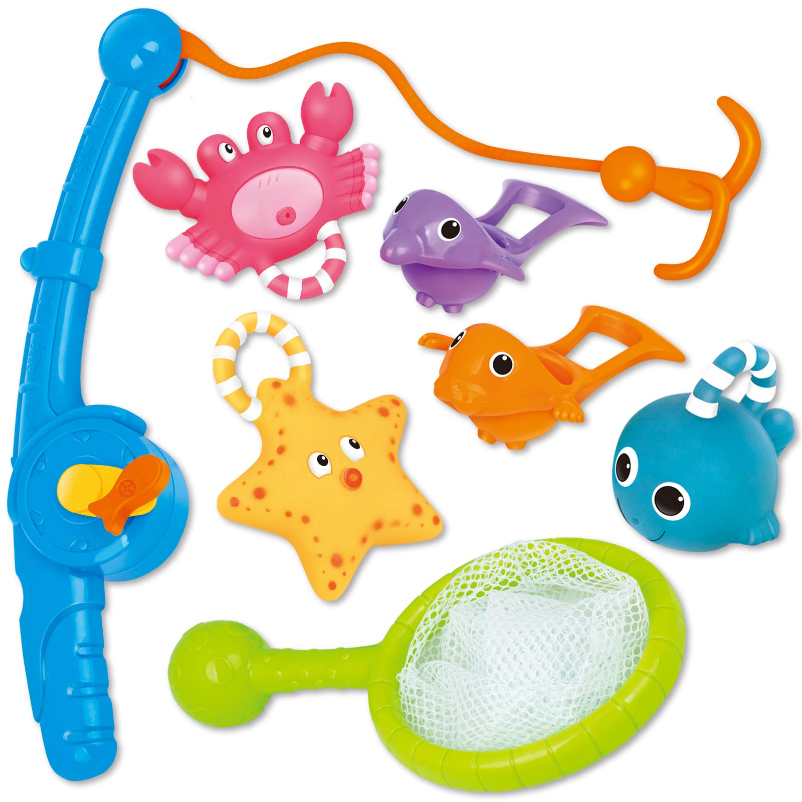 Bath Toy, Fishing Floating Squirts Toy and Water Scoop with Organizer Bag(8 Pack), KarberDark Fish Net Game in Bathtub Bathroom Pool Bath Time for Kids Toddler Baby Boys Girls, Bath Tub Spoon