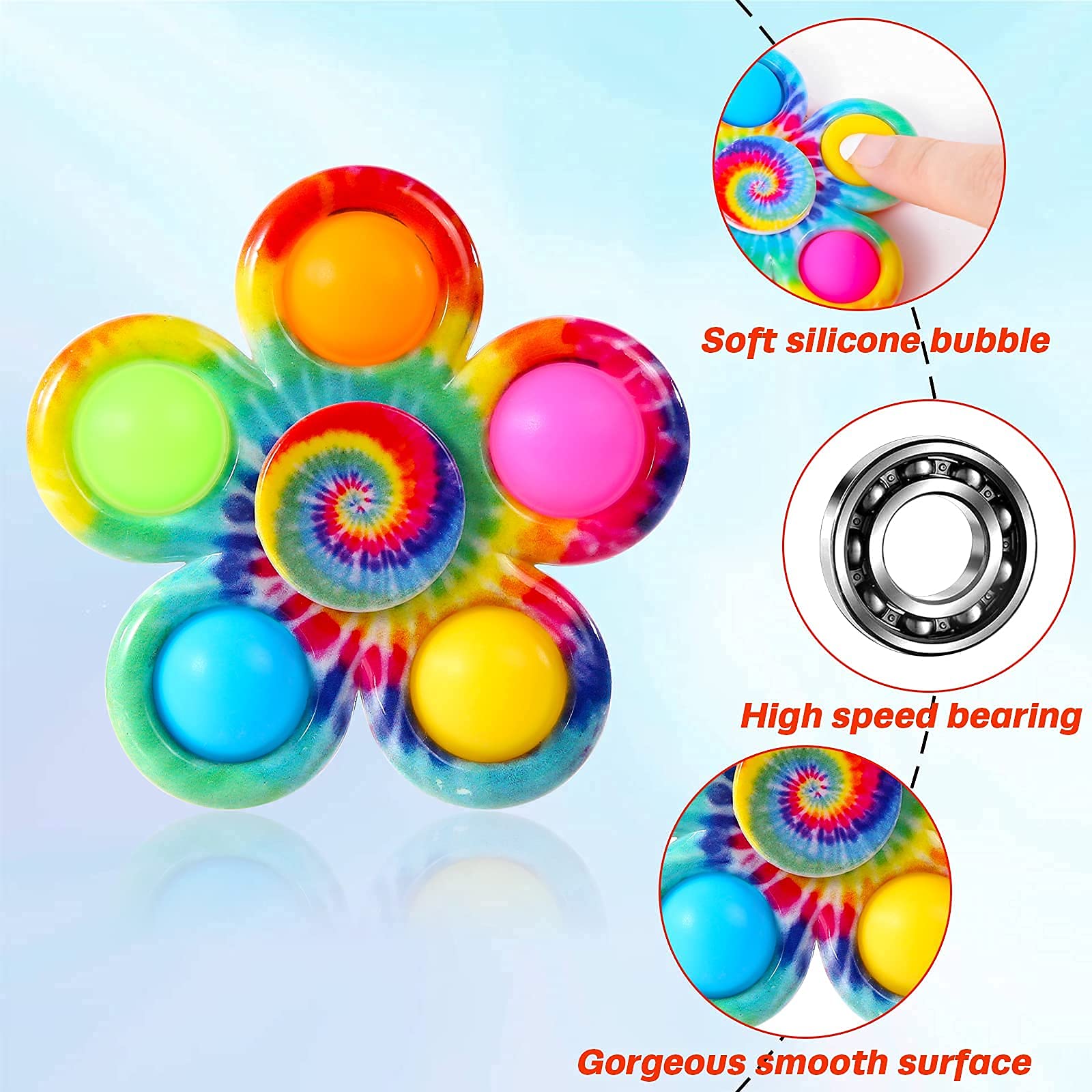 Effacera Pop Fidget Spinner Toys 4 Pack, Tie-Dye Popper Pop Bubble Spinner Set, Party Favors Sensory Fidget Bulk Pack Toys, Pop Hand Spinners, for Kids Teen Girl or Boy