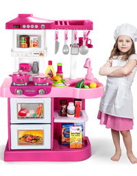 Temi Play Kitchen Playset Pretend Food - 53 PCS Pink Kitchen Toys for Toddlers, Toy Accessories Toddler Set w/ Real Sounds and Light, Toddler Outdoor Playset for Kids, Girls & Boys
