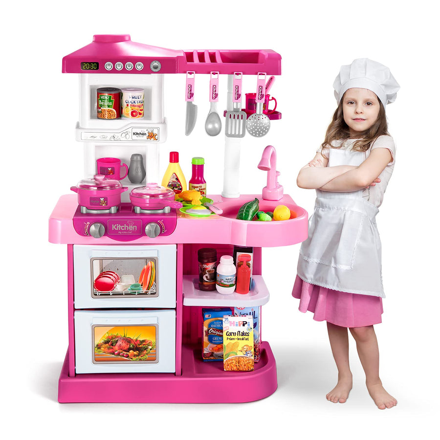 Temi Play Kitchen Playset Pretend Food - 53 PCS Pink Kitchen Toys for Toddlers, Toy Accessories Toddler Set w/ Real Sounds and Light, Toddler Outdoor Playset for Kids, Girls & Boys