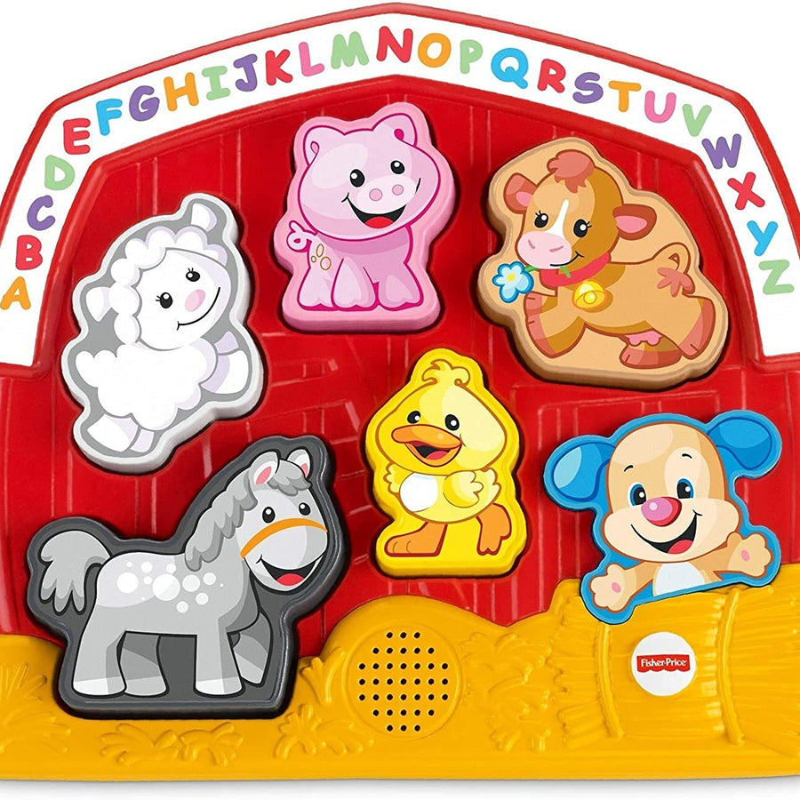 Fisher-Price Laugh & Learn Farm Animal Puzzle, electronic shape sorting toy with music and animal sounds , Red