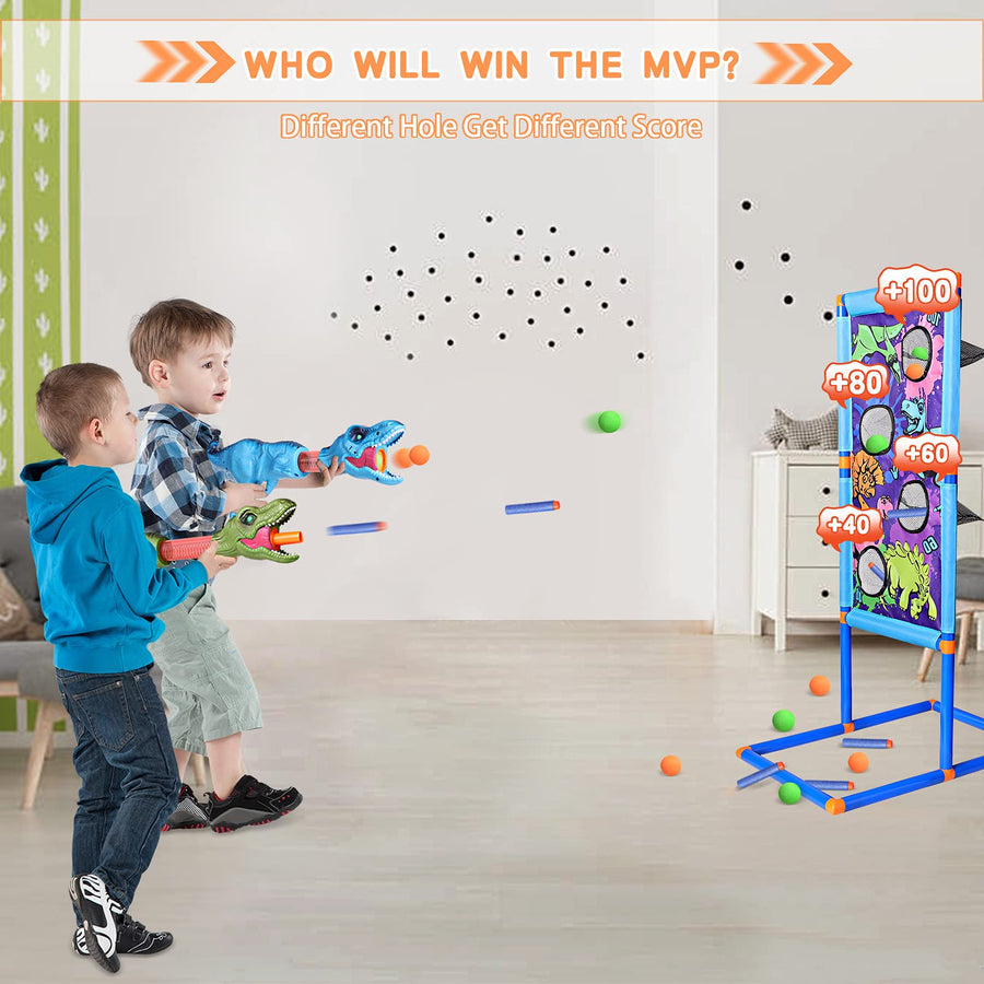 Dinoera Dinosaur Toys for 5 6 7 8 9 10+ Year Old Boys - 2 in 1 Shooting Game Dinosaur Toys for Kids 5-7 | 2pk Foam Ball Popper Air Gun Set Compatible with Nerf Toys Christmas Birthday Gifts Boys Girls