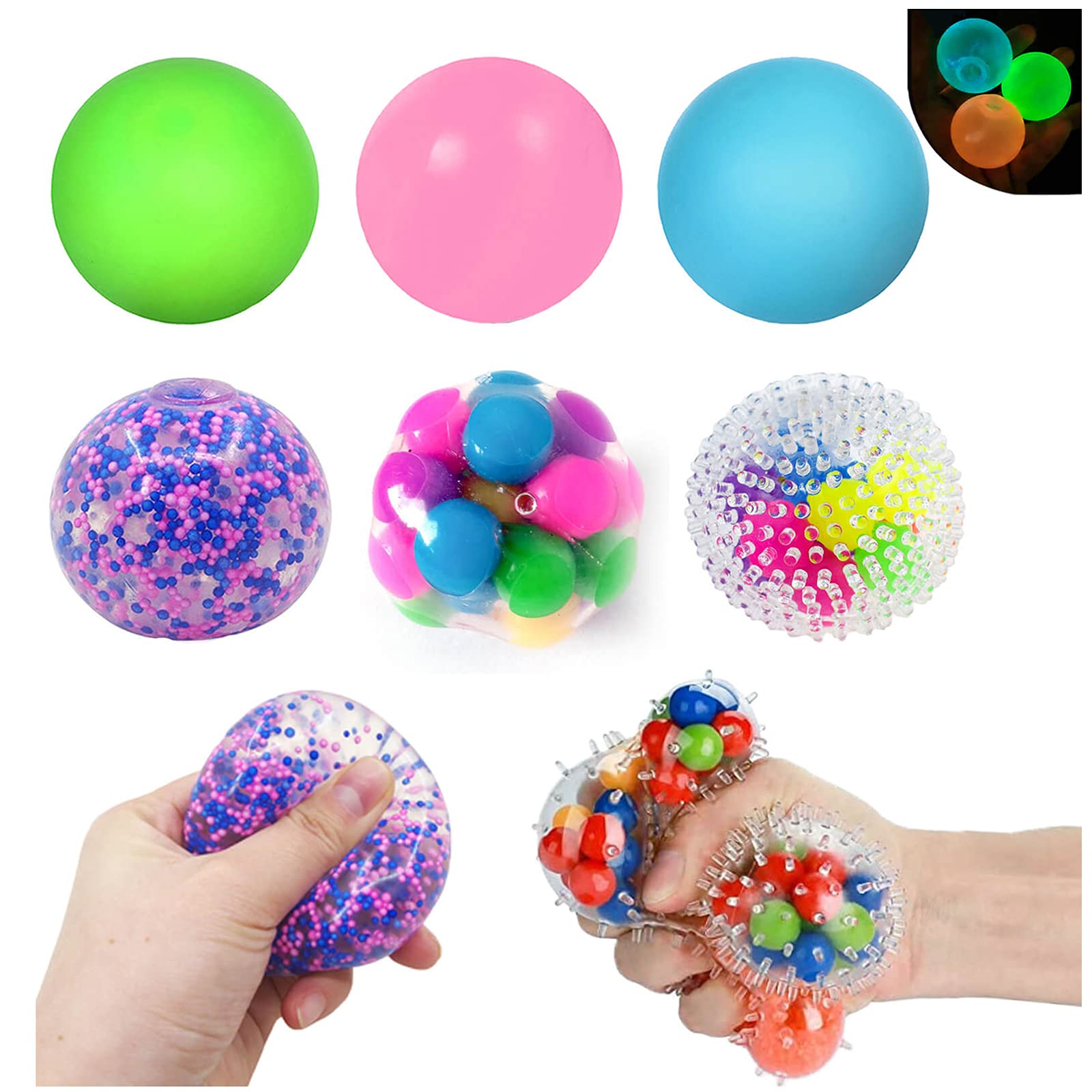 Stress Balls Fidget Toys - 6 Pack Sticky Glowing Balls Sensory Stress Relief Fidget Balls for Kids/Adults to Relax, Anxiety Relief, Decompress, Focus, Squeeze Toys for Autism Birthday/Party Favor