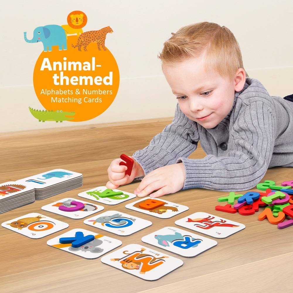 Coogam Numbers and Alphabets Flash Cards Set - ABC Wooden Letters and Numbers Animal Card Board Matching Puzzle Game Montessori Educational Toys Gift for Kids Age 3 4 5 Preschool and Up Years