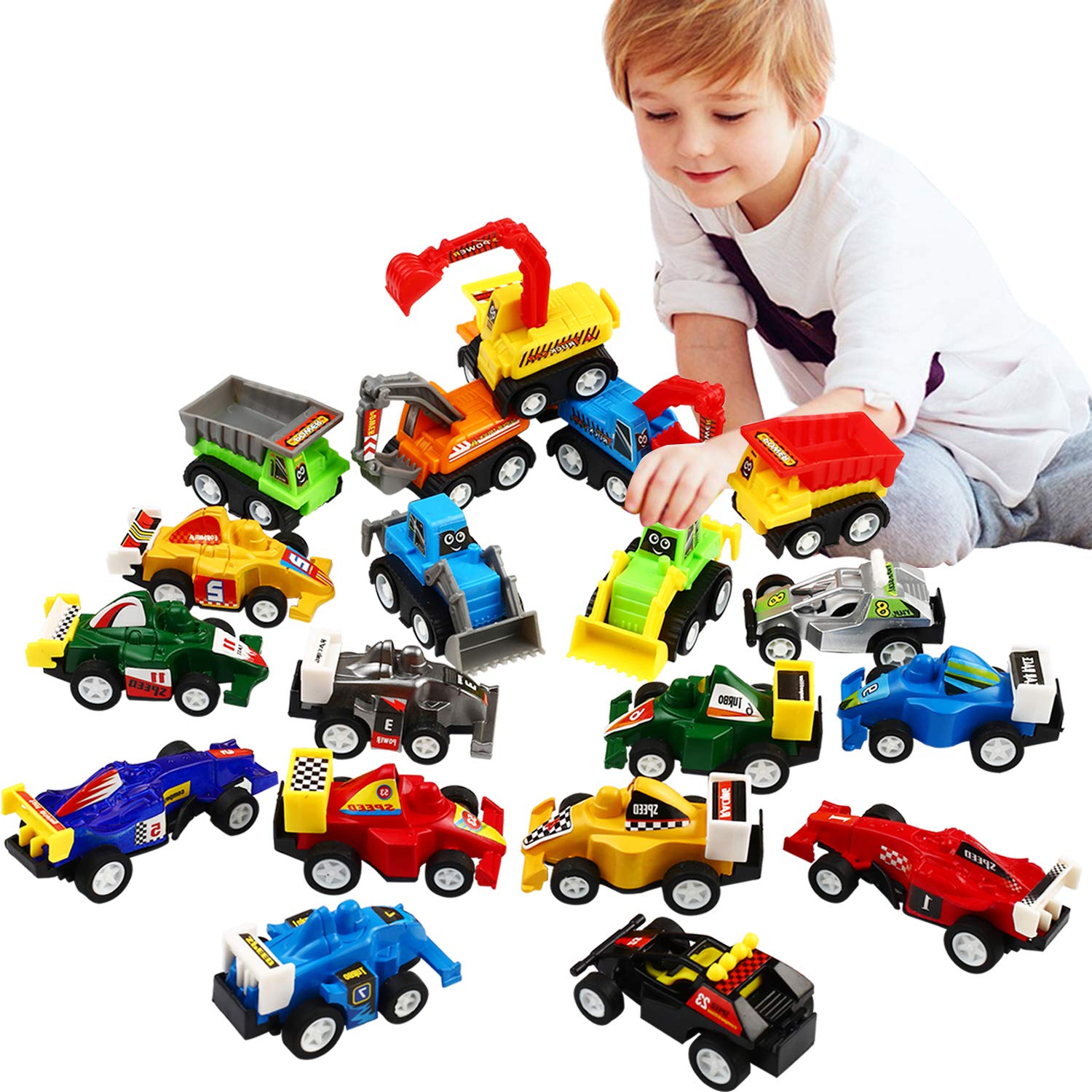 Pull Back Car, 20 Pcs Assorted Mini Truck Toy and Race Car Toy Kit Set, Funcorn Toys Play Construction Vehicle Playset Educational Preschool for Kids Children Party Favors Birthday Game Supplies