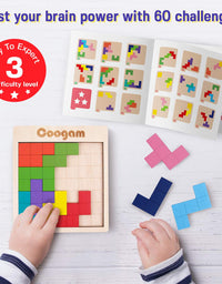 Coogam Wooden Puzzle Pattern Blocks Brain Teasers Game with 60 Challenges, 3D Russian Building Toy Wood Tangram Shape Jigsaw Puzzles Montessori STEM Educational Toys Gift for Kids Adults
