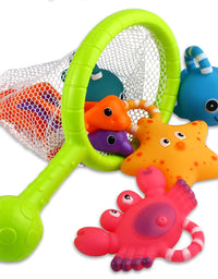 Bath Toy, Fishing Floating Squirts Toy and Water Scoop with Organizer Bag(8 Pack), KarberDark Fish Net Game in Bathtub Bathroom Pool Bath Time for Kids Toddler Baby Boys Girls, Bath Tub Spoon

