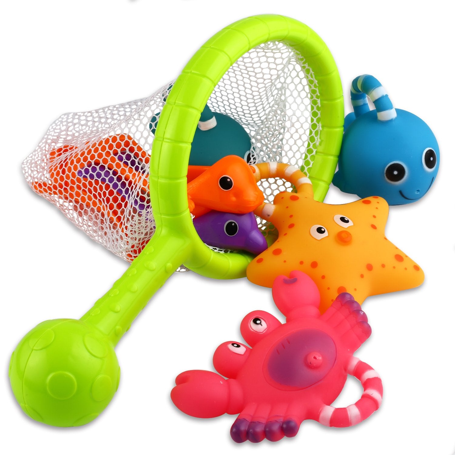 Bath Toy, Fishing Floating Squirts Toy and Water Scoop with Organizer Bag(8 Pack), KarberDark Fish Net Game in Bathtub Bathroom Pool Bath Time for Kids Toddler Baby Boys Girls, Bath Tub Spoon