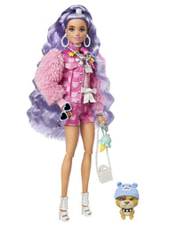 Barbie Extra Doll #6 in Pink Teddy Bear Print Denim Jacket & Matching Shorts with Pet Puppy, Long Periwinkle Hair, Layered Outfit & Accessories, Multiple Flexible Joints
