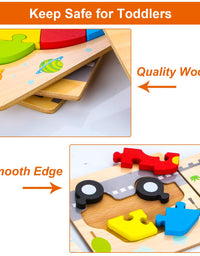 SKYFIELD Wooden Vehicle Puzzles for 1 2 3 Years Old Boys Girls, Toddler Educational Developmental Toys Gift with 6 Vehicle Baby Montessori Color Shapes Learning Puzzles, Great Gift Ideas
