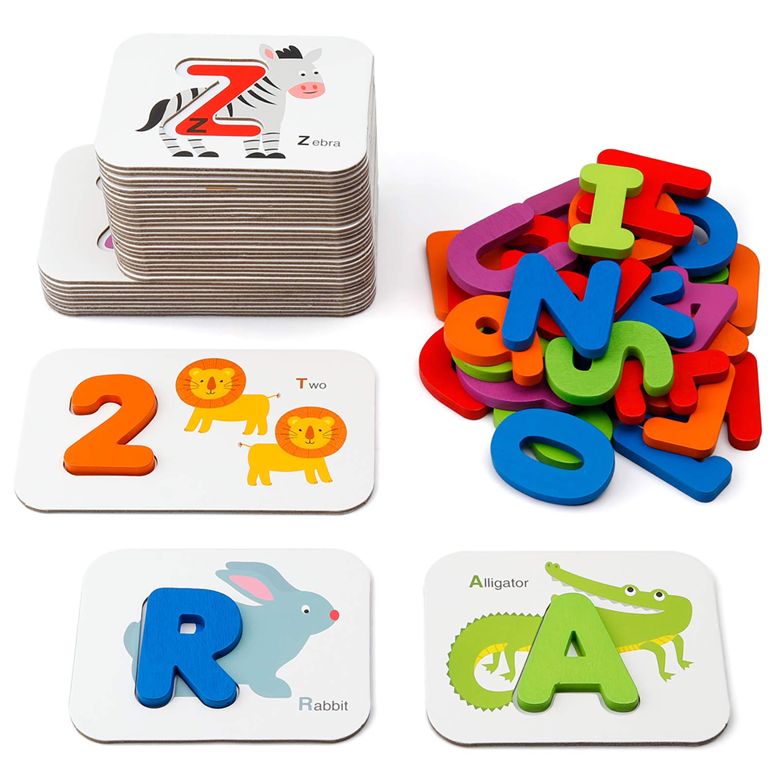 Coogam Numbers and Alphabets Flash Cards Set - ABC Wooden Letters and Numbers Animal Card Board Matching Puzzle Game Montessori Educational Toys Gift for Kids Age 3 4 5 Preschool and Up Years