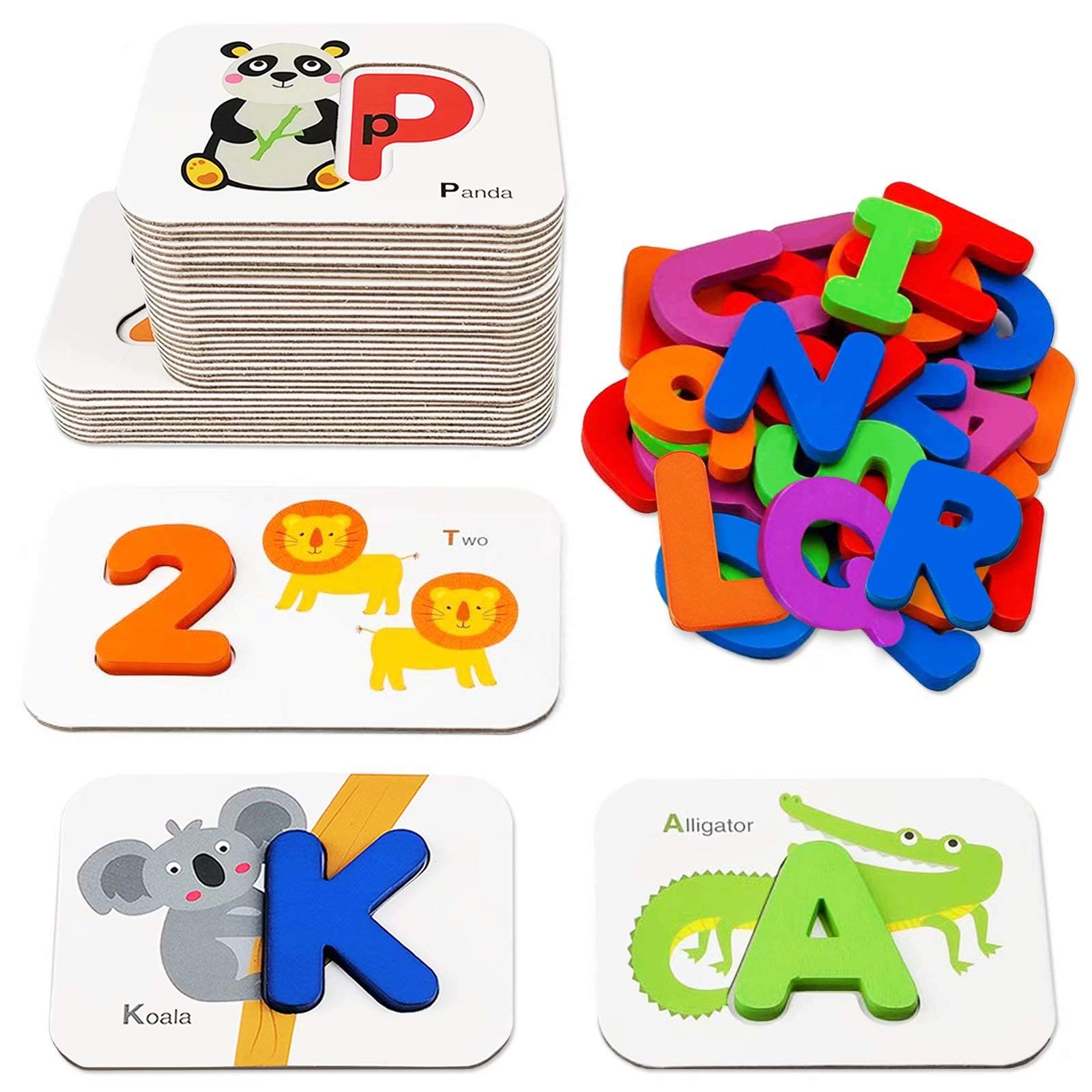 Number and Alphabet Flash Cards for Toddlers 3-5 Years, ABC Montessori Educational Toys Gifts for 3 4 5 year old Preschool Learning Activities Wooden Letters and Numbers Animal Puzzle Flashcards Set