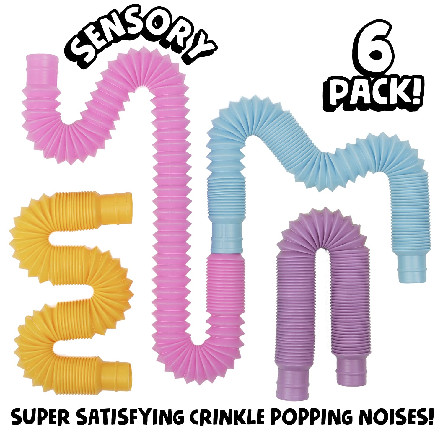 BunMo Pastel Pop Tubes 6pk. Pop Tubes Fidget Toy for Fine Motor Skills, Stress Relief & Toddler Learning. Fidget Tubes and Sensory Tubes are Stocking Stuffers, Fidget Tube & Toddler Toys.