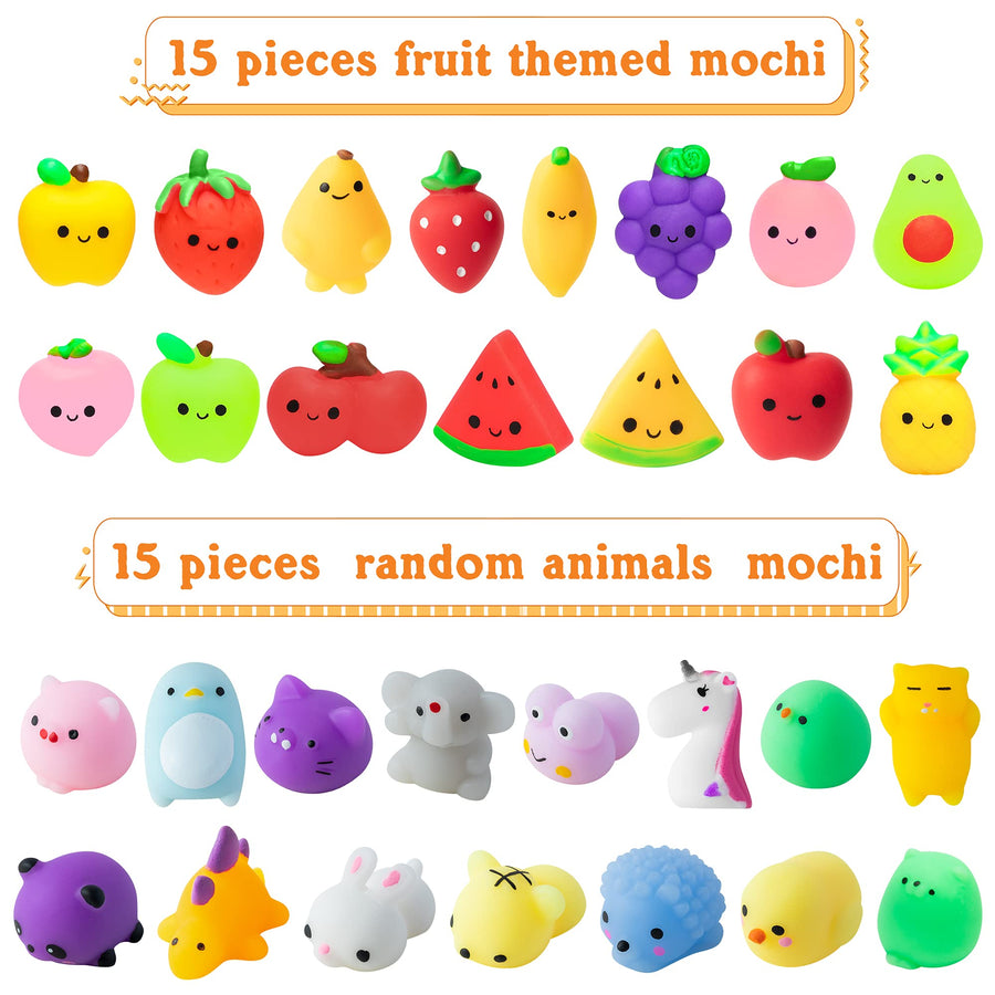 MALLMALL6 30Pcs Mochi Squeeze Toys for Kids Party Decorations Favors Stress Relief Birthday Gift Treat Goodie Bags Random Fruit and Animals Shape Kawaii Mini Toys Classroom Prize for Boys Girls