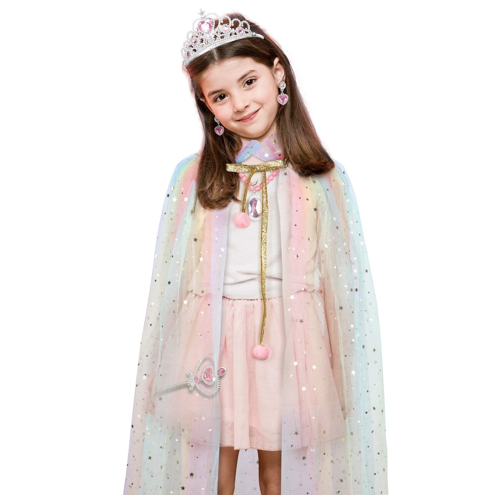 fedio Princess Cape Set 7 Pieces Girls Princess Cloak with Tiara Crown, Wand for Little Girls Dress up