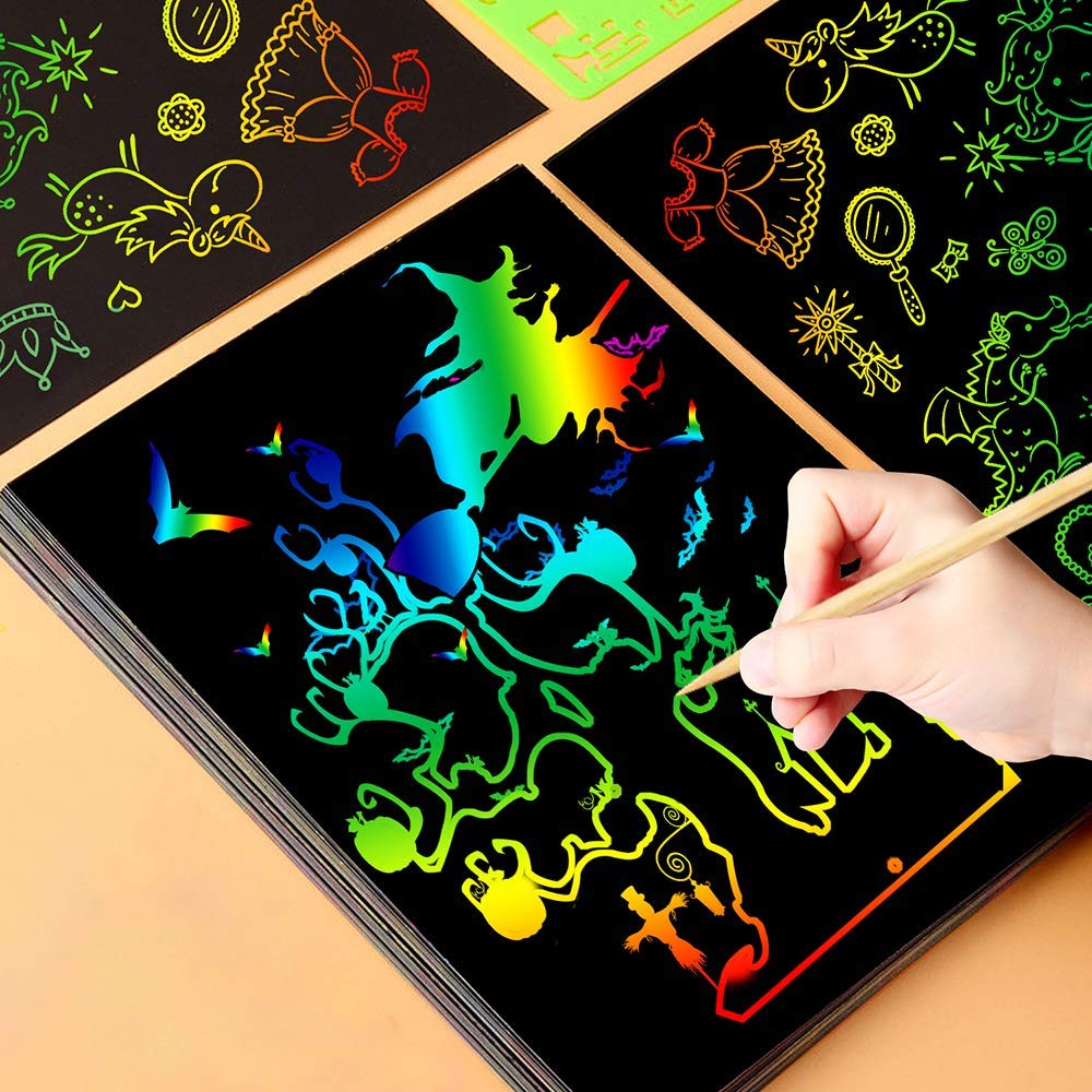 QXNEW Scratch Rainbow Art for Kids: Magic Scratch off Paper Children Art Crafts Set Kit Supplies Toys Black Scratch Sheets Notes Cards for Boys Girls Birthday Party Favors Games Christmas Easter Gifts
