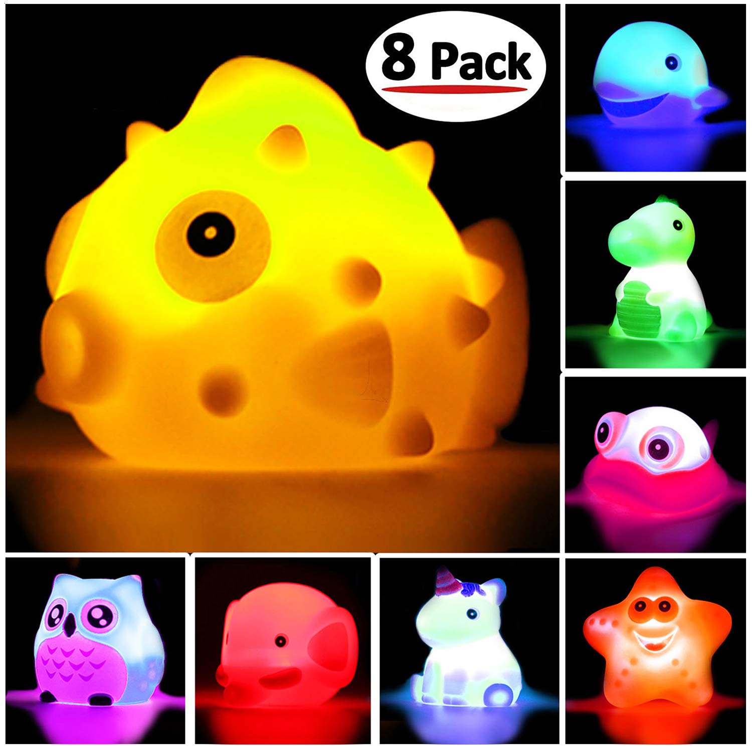 Bath Toys, 8 Pcs Light Up Floating Rubber animal Toys set, Flashing Color Changing Light in Water, Baby Infants Kids Toddler Child Preschool Bathtub Bathroom Shower Games Swimming Pool Party