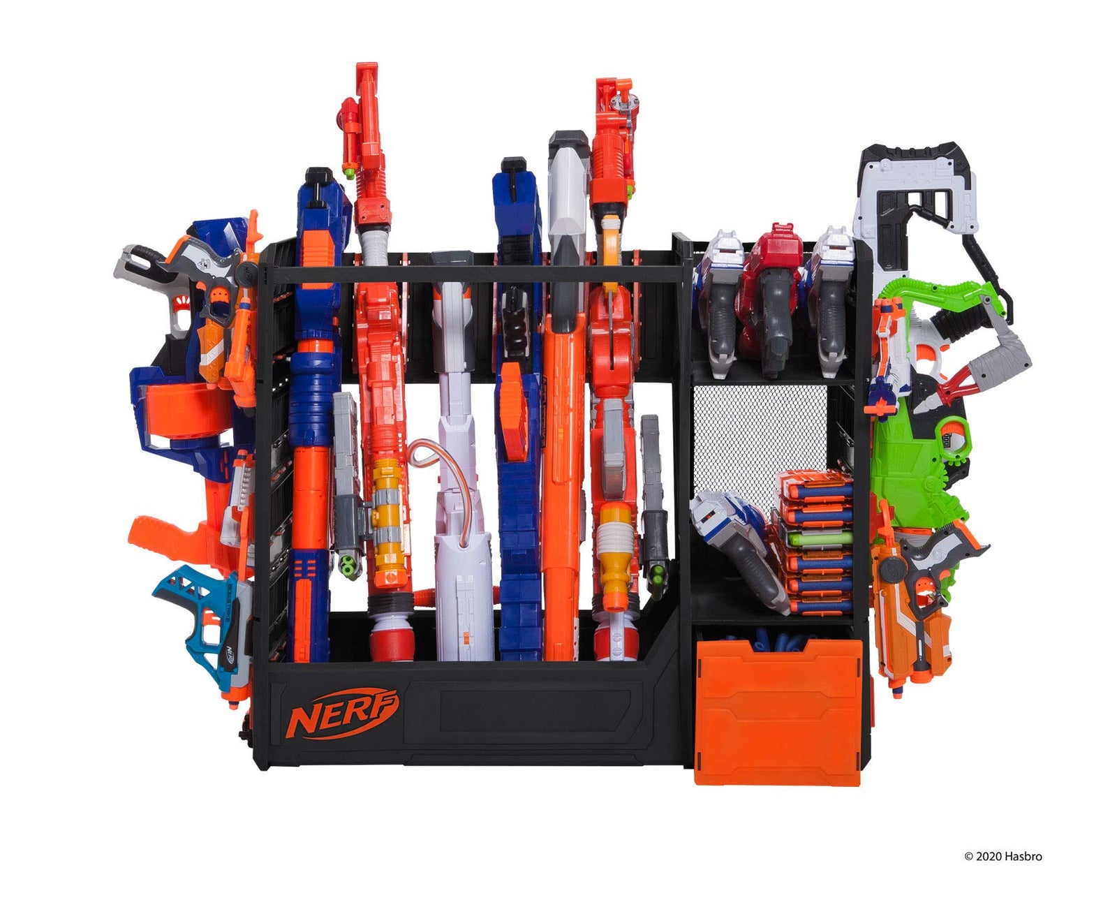 NERF Elite Blaster Rack - Storage for up to Six Blasters, Including Shelving and Drawers Accessories, Orange and Black - Amazon Exclusive