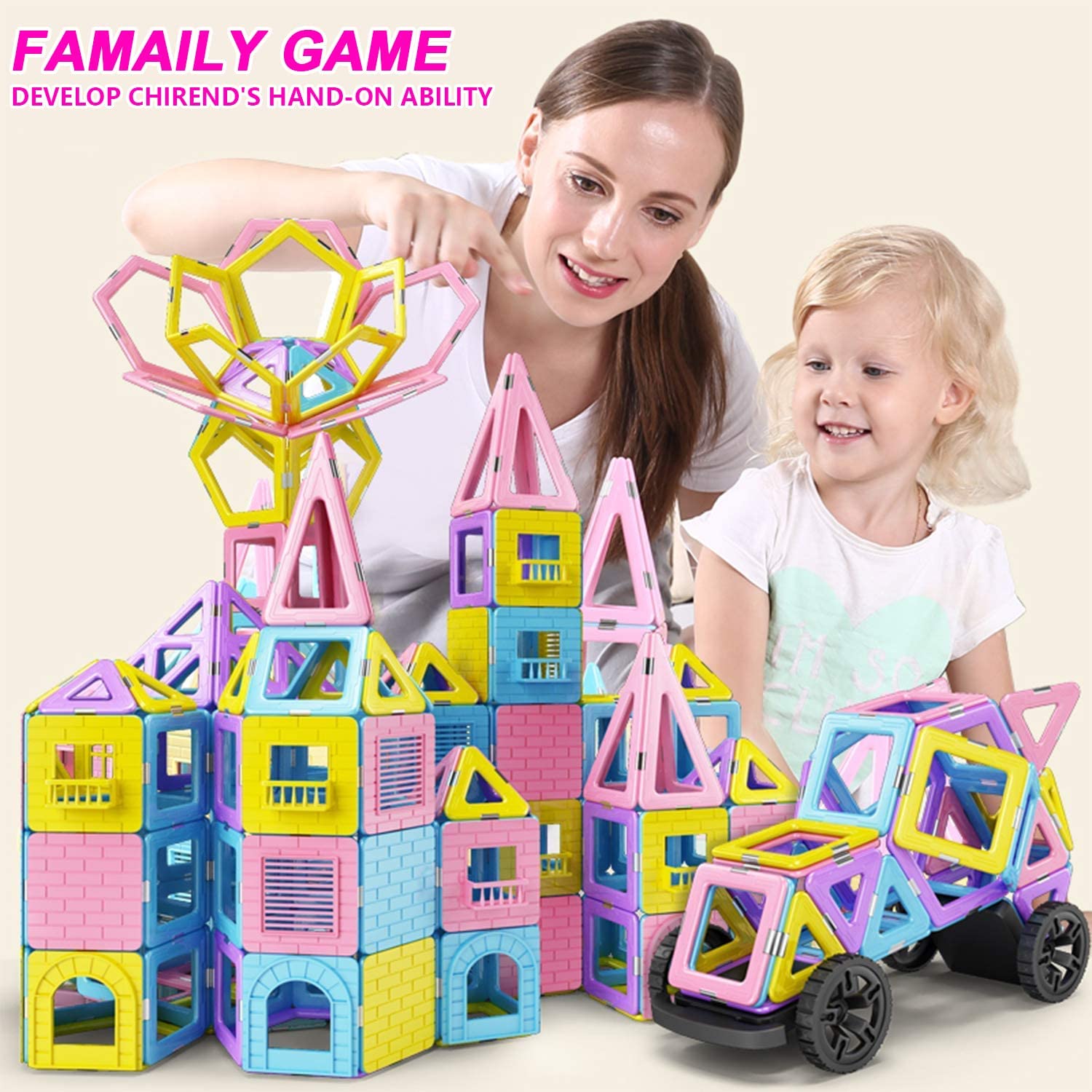 HQXBNBY Magnetic Tiles Toys for 3 Year Old Girl Gifts 124PCS Magnetic Building Blocks Early Educational & Development Toys for Kids Children Age 3 4 5 6 7 8+ Year Old Chrismas Birthday Gifts