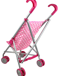 Precious Toys Baby Doll Stroller, Foldable Play Stroller, Fits Dolls 18 Inches, Extra Stability, Fully Assembled, Color Pink and White Polka Dots, Lead Free Paint, Gifts for Toddlers and Girls Ages 2+
