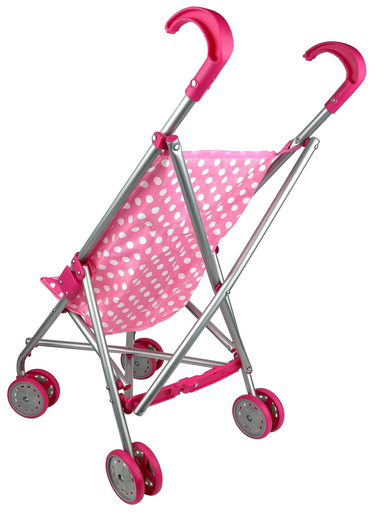 Precious Toys Baby Doll Stroller, Foldable Play Stroller, Fits Dolls 18 Inches, Extra Stability, Fully Assembled, Color Pink and White Polka Dots, Lead Free Paint, Gifts for Toddlers and Girls Ages 2+