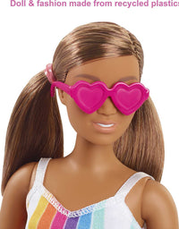 Barbie Loves The Ocean Beach-Themed Doll (11.5-inch Curvy Brunette), Made from Recycled Plastics, Wearing Fashion & Accessories, Gift for 3 to 7 Year Olds
