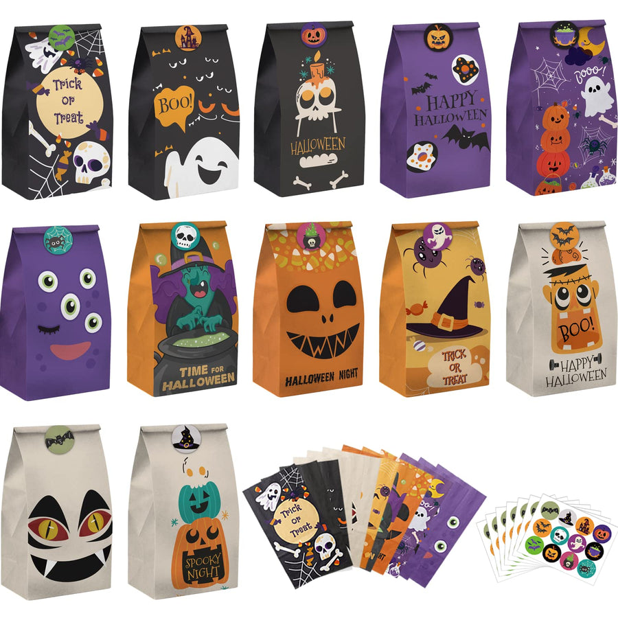 MOORAY Halloween Treat Bags , 72PCS Kids Halloween Candy Bags Trick or Treating with 84 Pcs Halloween Stickers , Paper Gift Bags for Treats Snacks ,Halloween Party Favors Goodie Bags Party Supplies