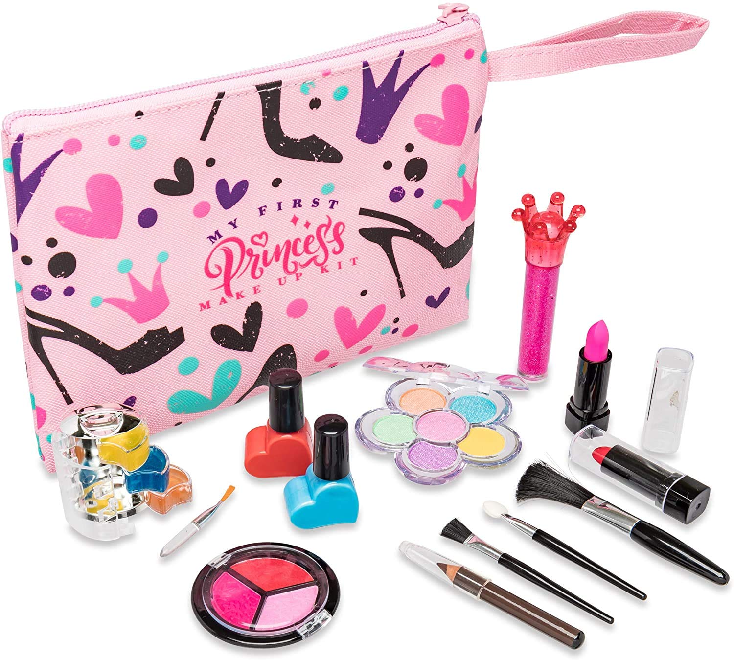 FoxPrint My First Princess Make Up Kit - 12 Pc Kids Makeup Set Washable Makeup For Girls These Makeup Toys for Girls Include All Your Princess Needs To Play Dress Up Comes with Stylish Bag