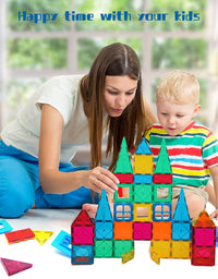 AFUNX 130 PCS Magnetic Tiles Building Blocks 3D Clear Magnetic Blocks Construction Playboards, Inspiration Building Tiles Creativity Beyond Imagination, Educational Magnet Toy Set for Kids with 2 Cars
