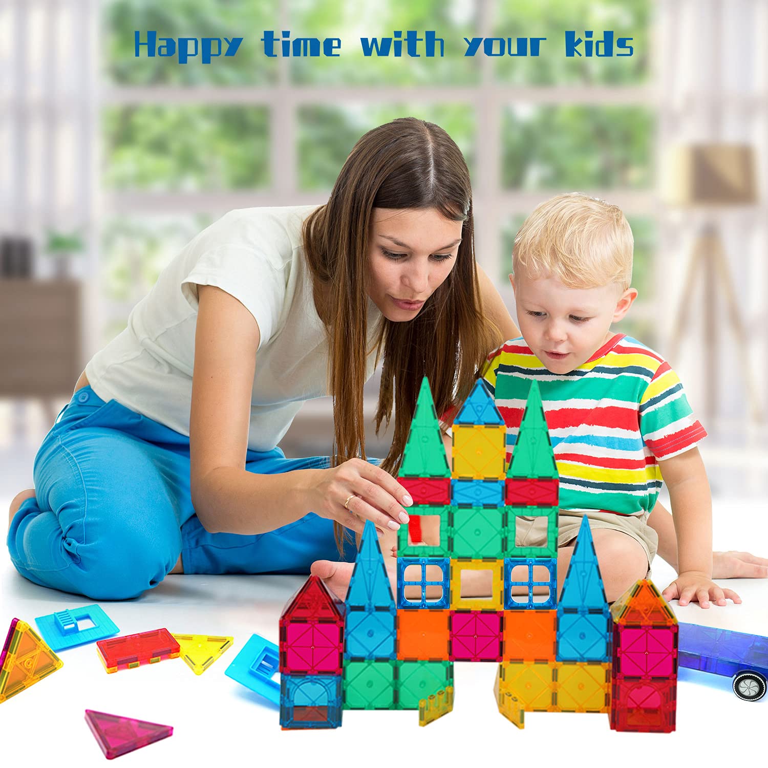 AFUNX 130 PCS Magnetic Tiles Building Blocks 3D Clear Magnetic Blocks Construction Playboards, Inspiration Building Tiles Creativity Beyond Imagination, Educational Magnet Toy Set for Kids with 2 Cars