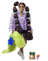 Barbie Extra Doll #7 in Top, Shorts & Furry Shrug with Pet Pomeranian, Long Pigtails with Rainbow Hair Ties, Outfit & Accessories, Multiple Flexible Joints, Gift for Kids 3 Years Old & Up
