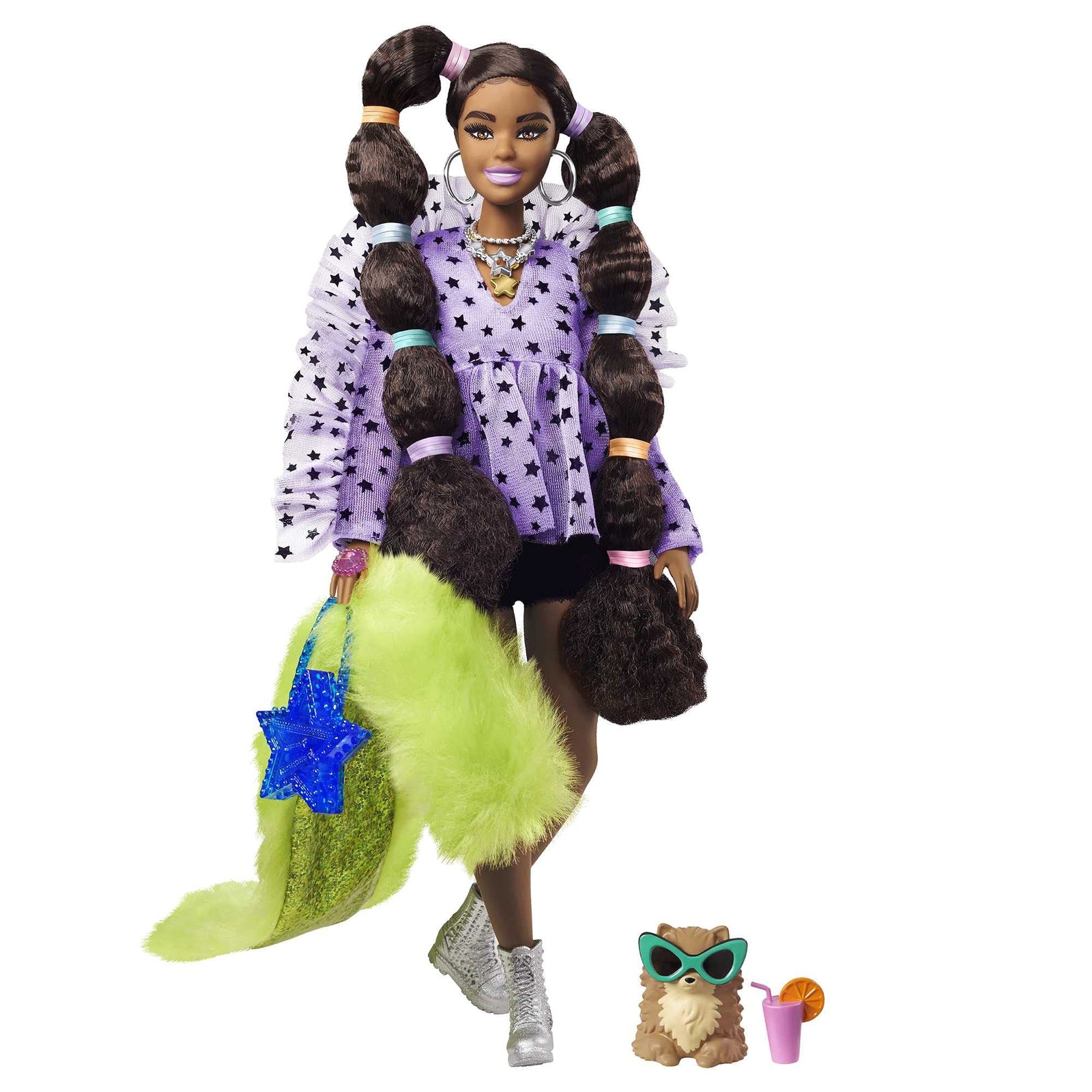 Barbie Extra Doll #7 in Top, Shorts & Furry Shrug with Pet Pomeranian, Long Pigtails with Rainbow Hair Ties, Outfit & Accessories, Multiple Flexible Joints, Gift for Kids 3 Years Old & Up