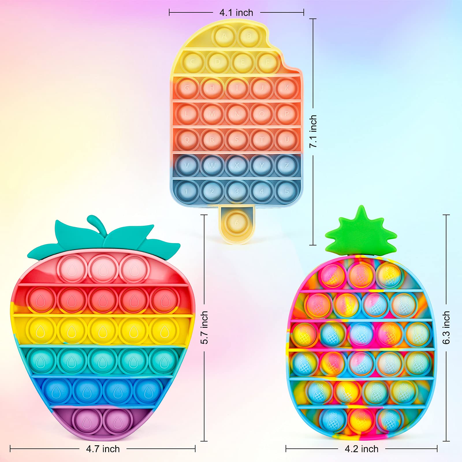 iTechjoy Pop Fidget Toys It 3 Pack for Kids and Adults, Push Bubble Its Sensory Pop Fidget Toy for Autism ADHD ADD to Relieve Stress, Pop Pop Bulk of Rainbow Ice Cream & Strawberry & Pineapple Shapes