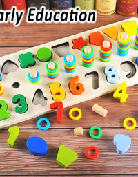 CozyBomB Wooden Number Puzzle Sorting Montessori Toys for Toddlers - Shape Sorter Counting Game for Age 3 4 5 Year olds Kids - Preschool Education Math Stacking Block Learning Wood Chunky Jigsaw
