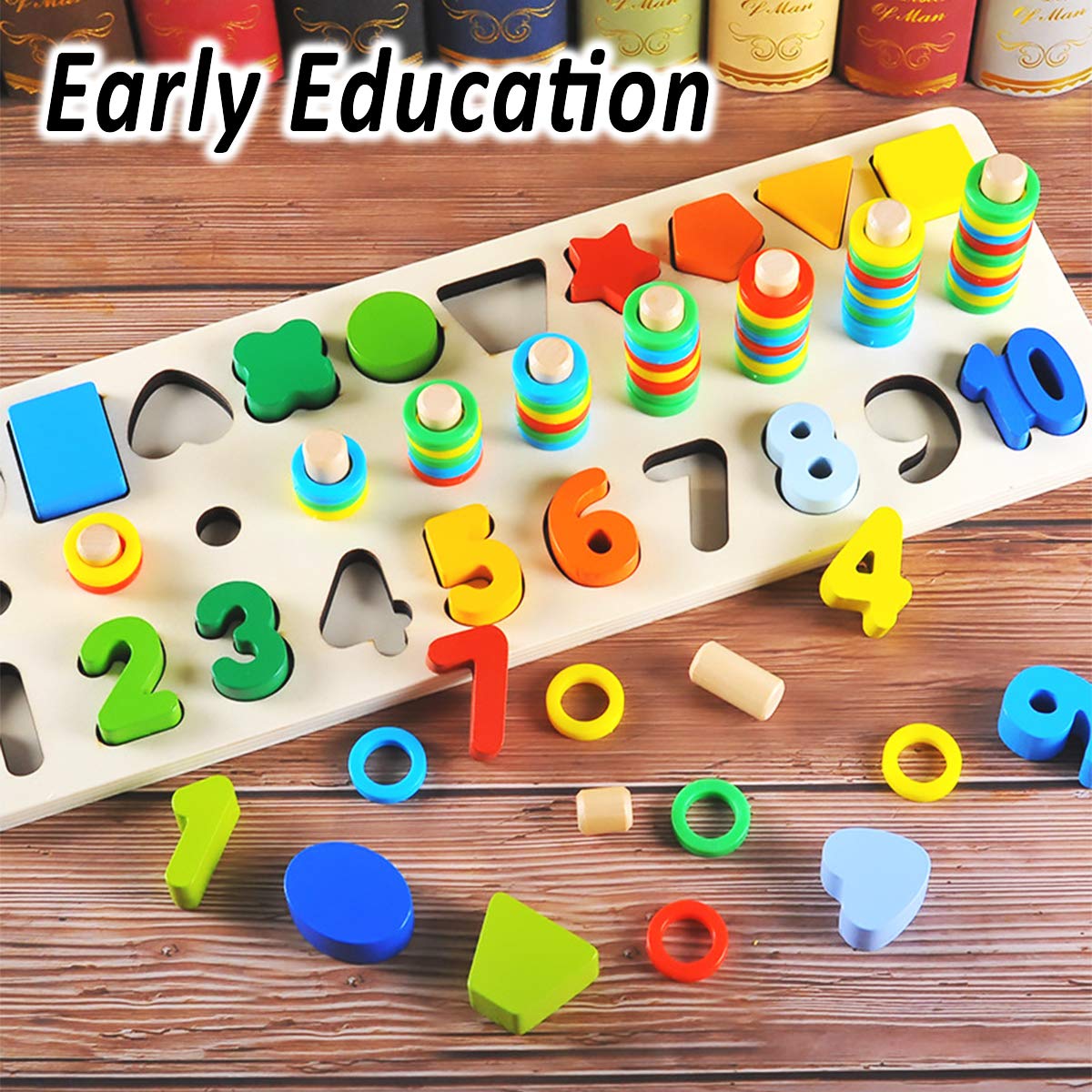 CozyBomB Wooden Number Puzzle Sorting Montessori Toys for Toddlers - Shape Sorter Counting Game for Age 3 4 5 Year olds Kids - Preschool Education Math Stacking Block Learning Wood Chunky Jigsaw