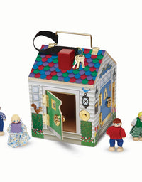 Melissa & Doug Take-Along Wooden Doorbell Dollhouse - Doorbell Sounds, Keys, 4 Poseable Wooden Dolls
