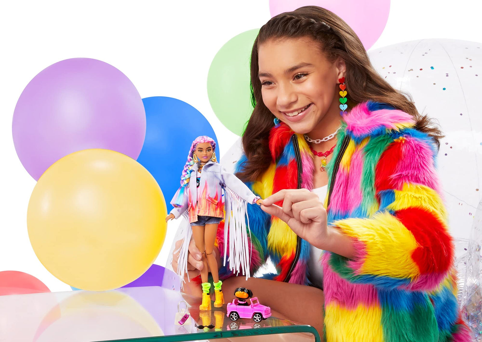 Barbie Extra Doll #5 in Long-Fringe Denim Jacket with Pet Puppy, Rainbow Braids, Layered Outfit & Accessories Including Car for Pet, Multiple Flexible Joints, Gift for Kids 3 Years Old & Up, 12 inch