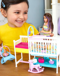 Barbie Nursery Playset with Skipper Babysitters Doll, 2 Baby Dolls, Crib and 10+ Pieces of Working Baby Gear and Themed Toys, Gift Set for 3 to 7 Year Olds, Multicolor
