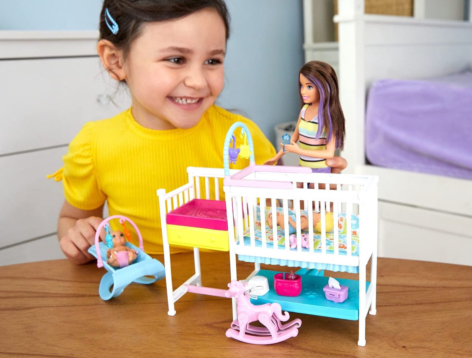 Barbie Nursery Playset with Skipper Babysitters Doll, 2 Baby Dolls, Crib and 10+ Pieces of Working Baby Gear and Themed Toys, Gift Set for 3 to 7 Year Olds, Multicolor